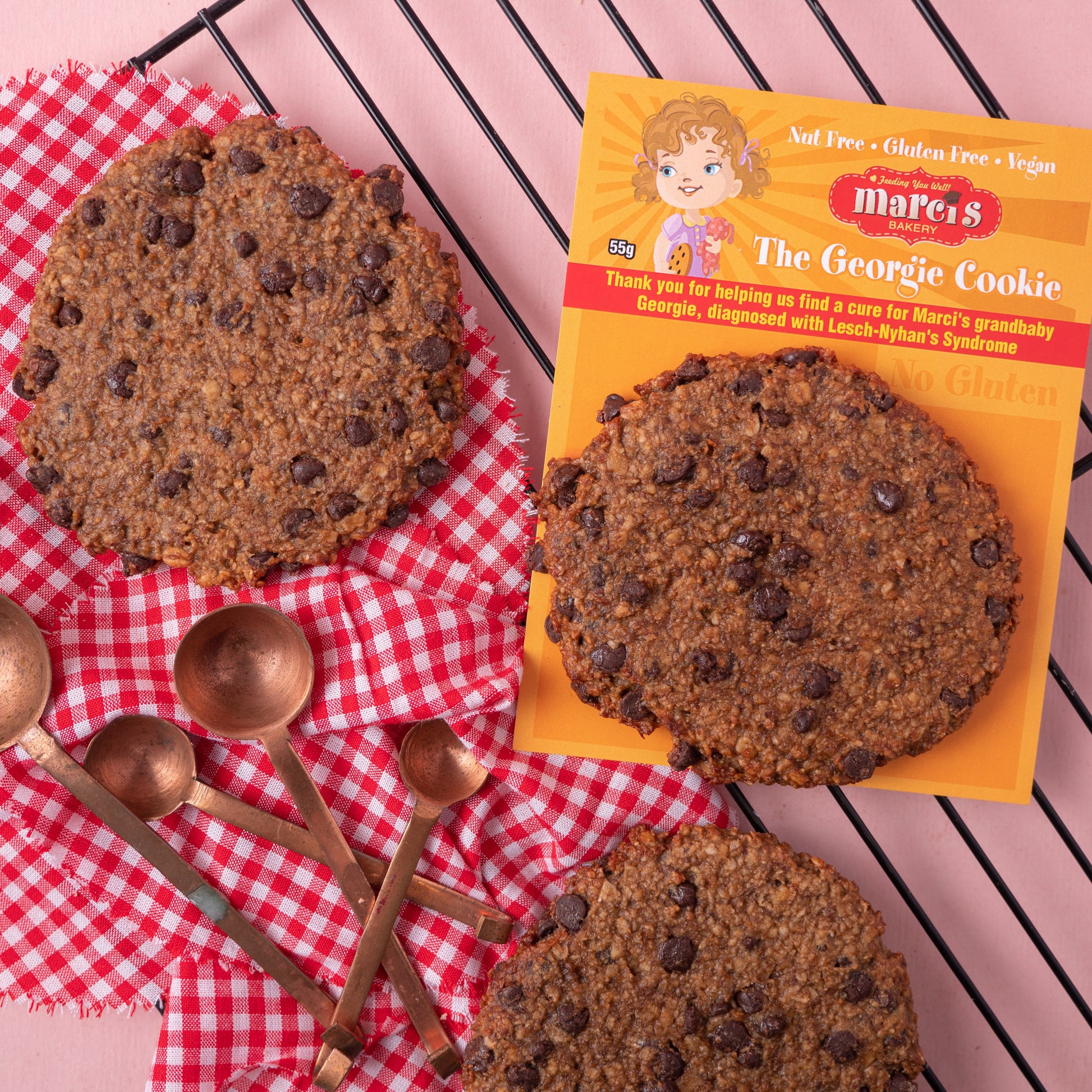 Cookies: Georgie Cookie (named after Marci’s Granddaughter). Banana, g.f. Oats, choc.chips